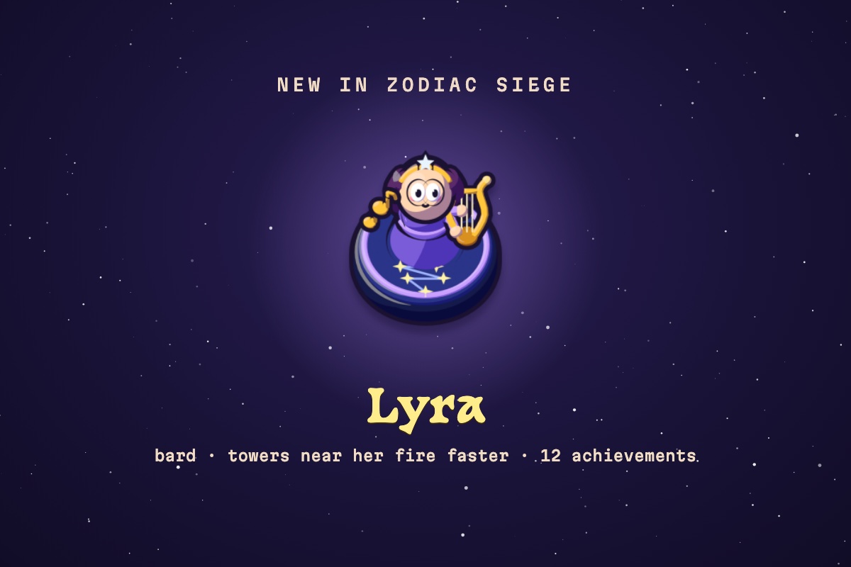 Lyra, Zodiac Siege's fifth hero: a bard in violet with a gold lyre and floating notes, on a base marked with the Lyra stars
