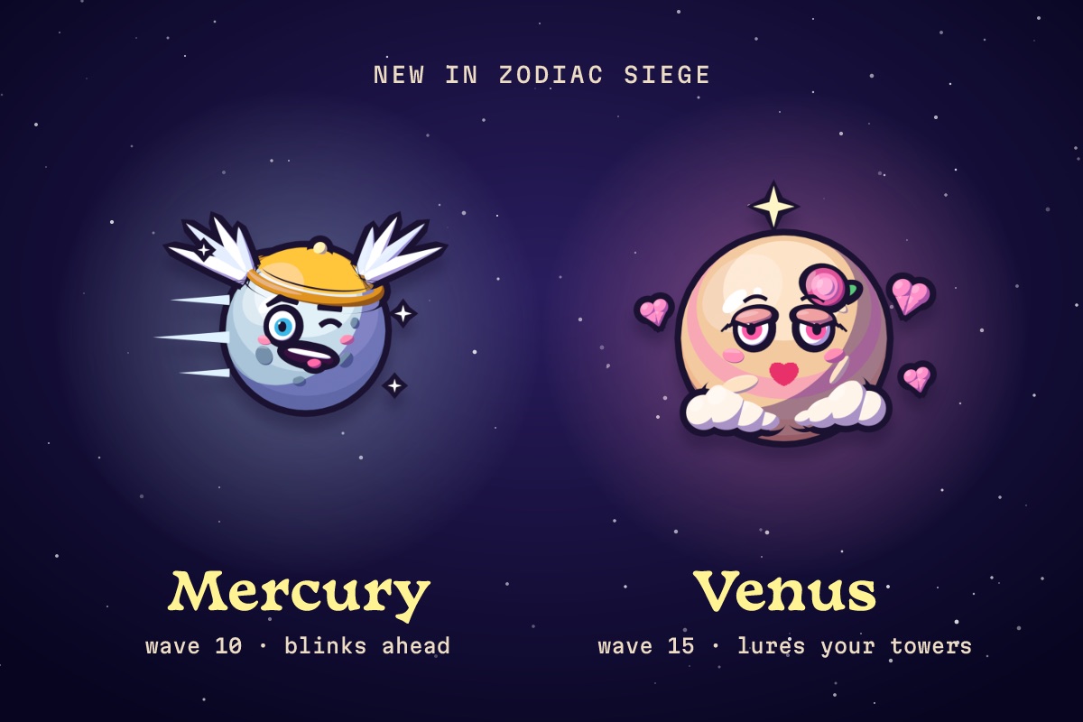 Zodiac Siege's two new bosses: Mercury, a winged grey planet, and Venus, a rosy planet with hearts