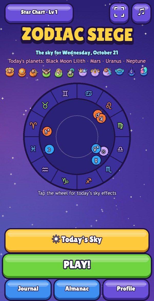 Zodiac Siege's title screen: today's sky on a zodiac wheel, with Today's Sky and Play buttons